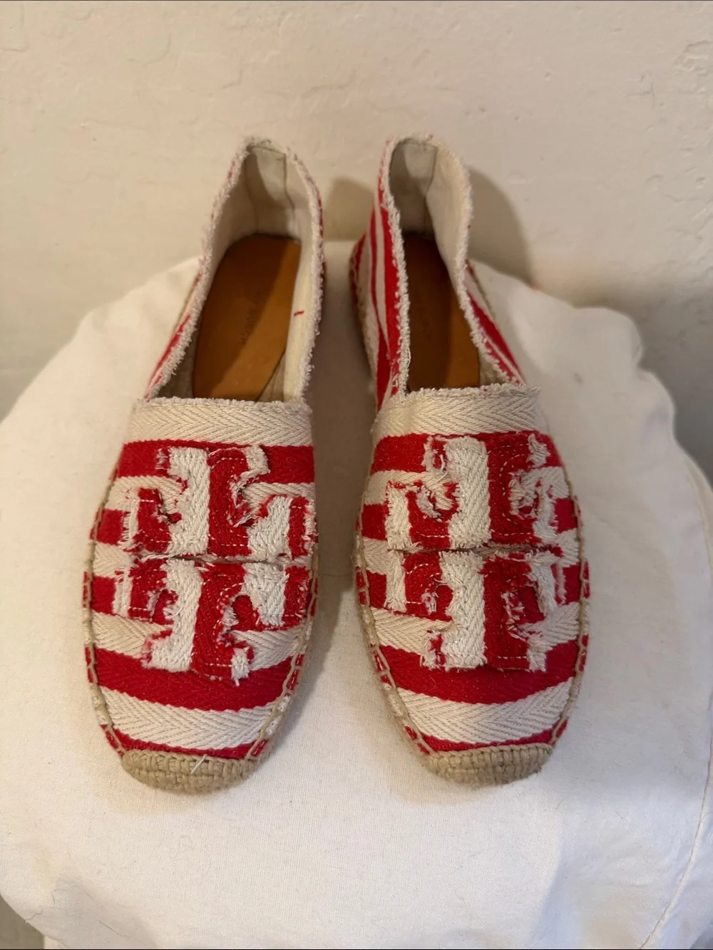 Tory Burch Red and Cream Striped Espadrille Slip-On